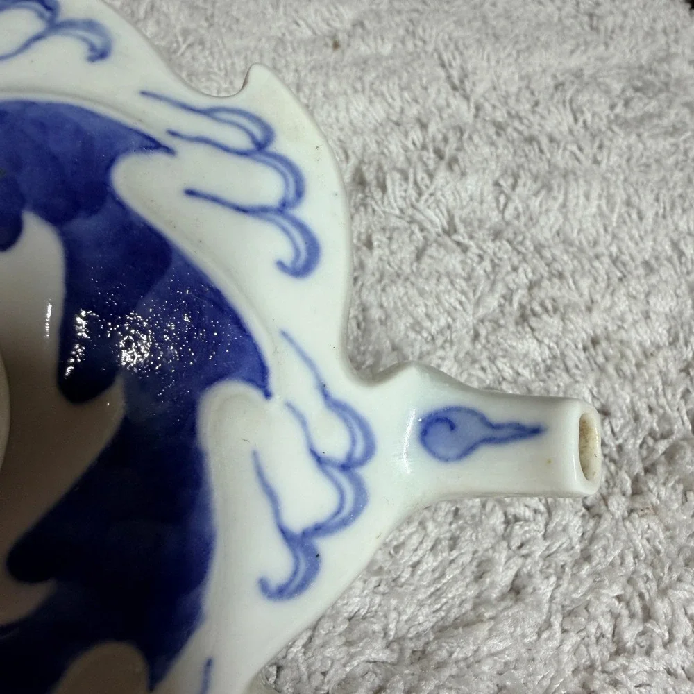 Vtg Blue and White‎ Porcelain Flat Scalloped Teapot Wave Cloud Pattern Seal Mark